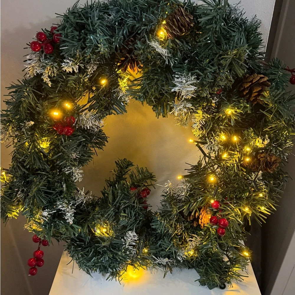 Festive Christmas  Pine Wreath with Lights and Berries